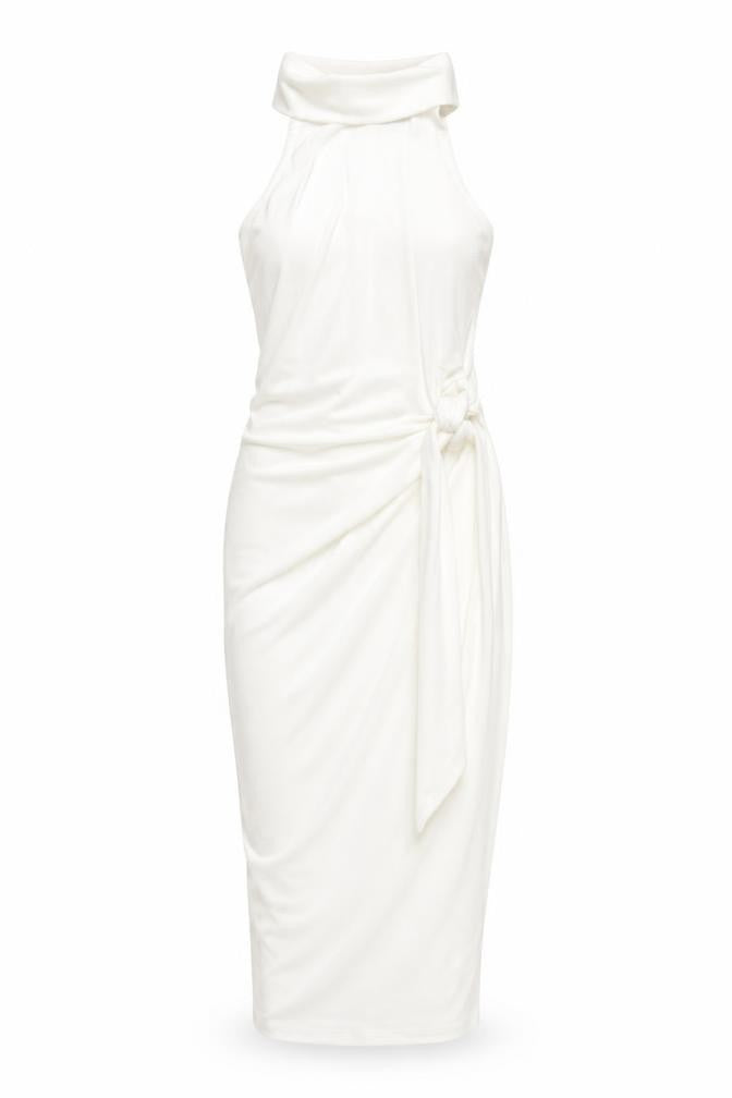 Front view of ASOS women’s white polyester bodycon, size UK 10, mock neck button