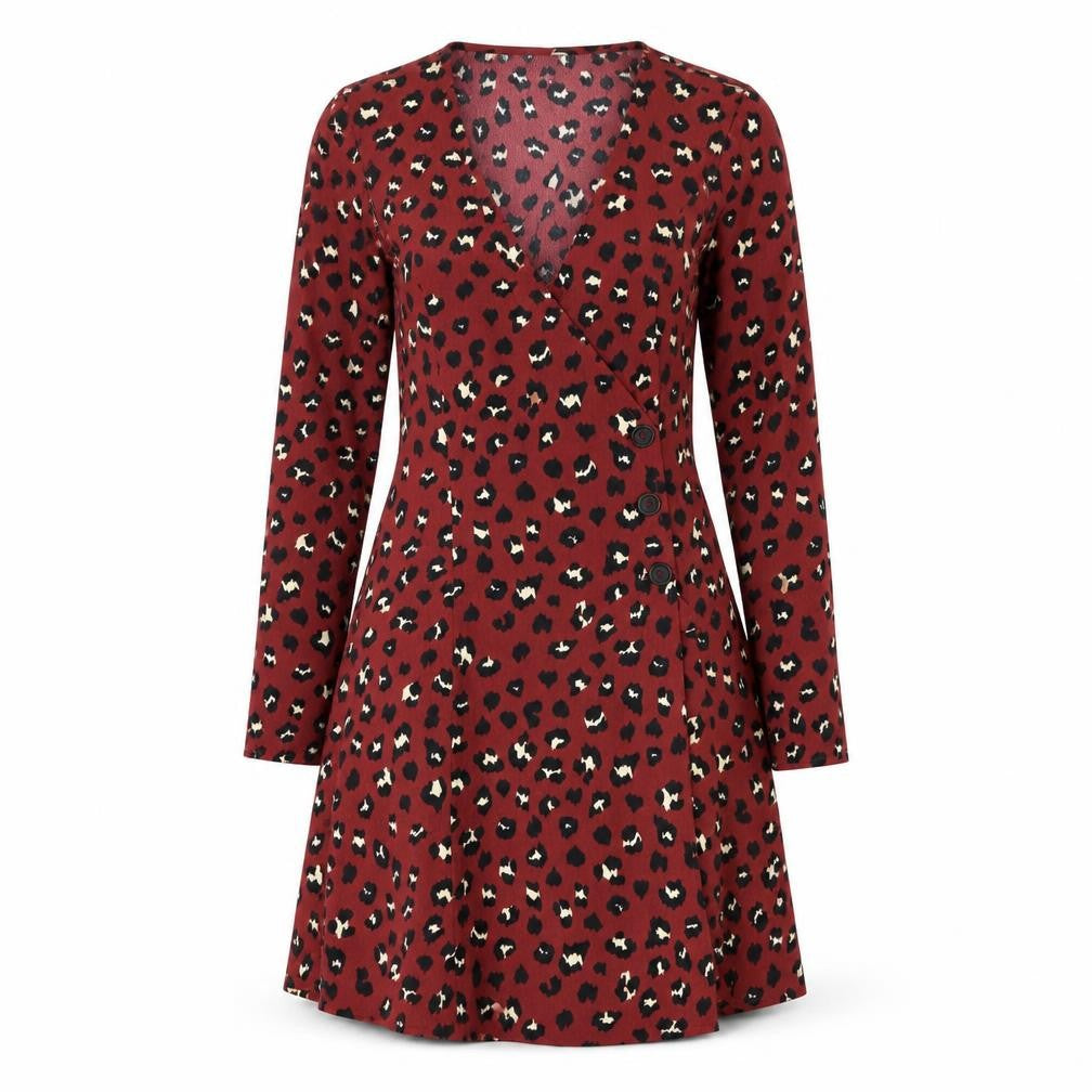 H&M Womens Red Animal Print Polyester A-Line Size 6 V-Neck Button