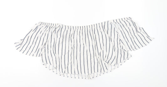 Pull&Bear Womens White Striped Viscose Basic T-Shirt Size L Off the Shoulder
