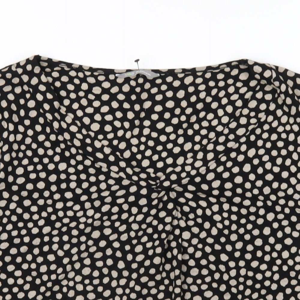 Marks and Spencer Womens Black Polka Dot Viscose Basic T-Shirt Size 14 V-Neck