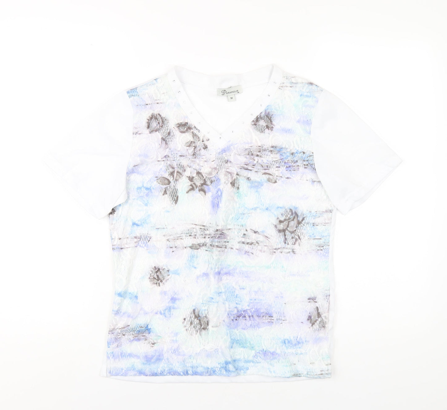 Paramour Womens White Polyester Basic T-Shirt Size M V-Neck - Studded Neckline