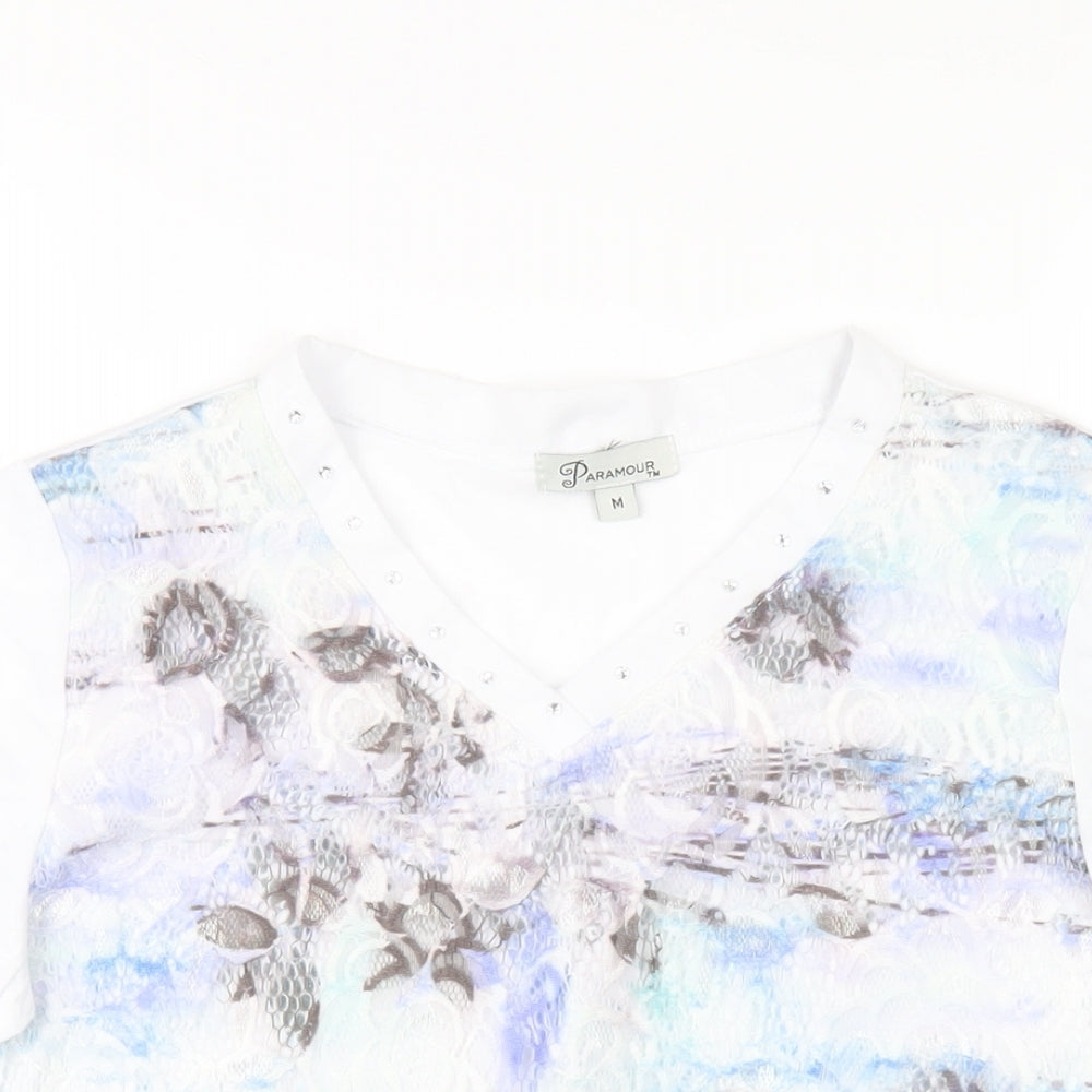 Paramour Womens White Polyester Basic T-Shirt Size M V-Neck - Studded Neckline