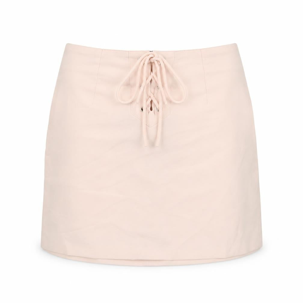 Front view of Missguided women’s pink polyester a-line skirt, size UK 8, zip