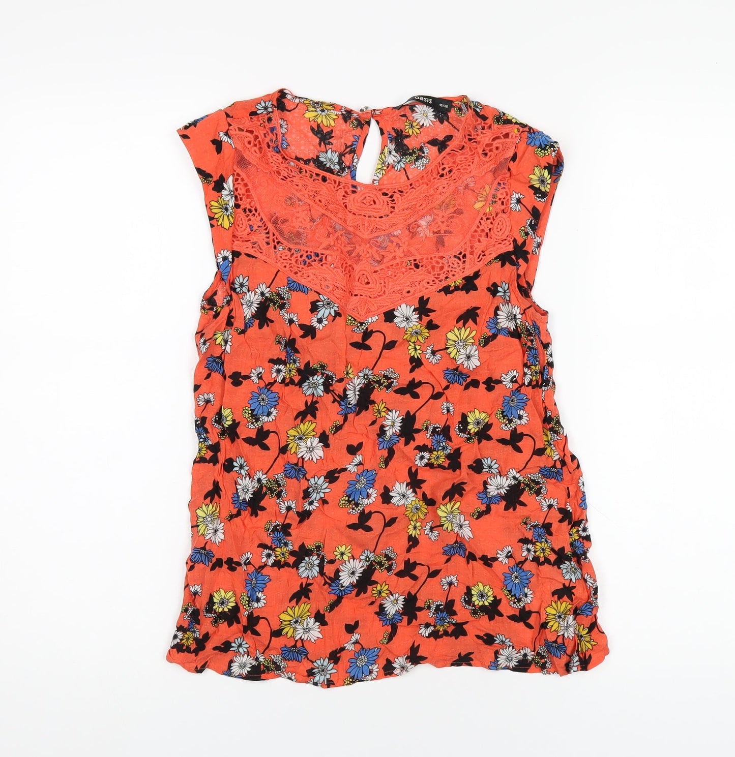 Oasis Womens Orange Geometric Viscose Basic T-Shirt Size 10 Round Neck