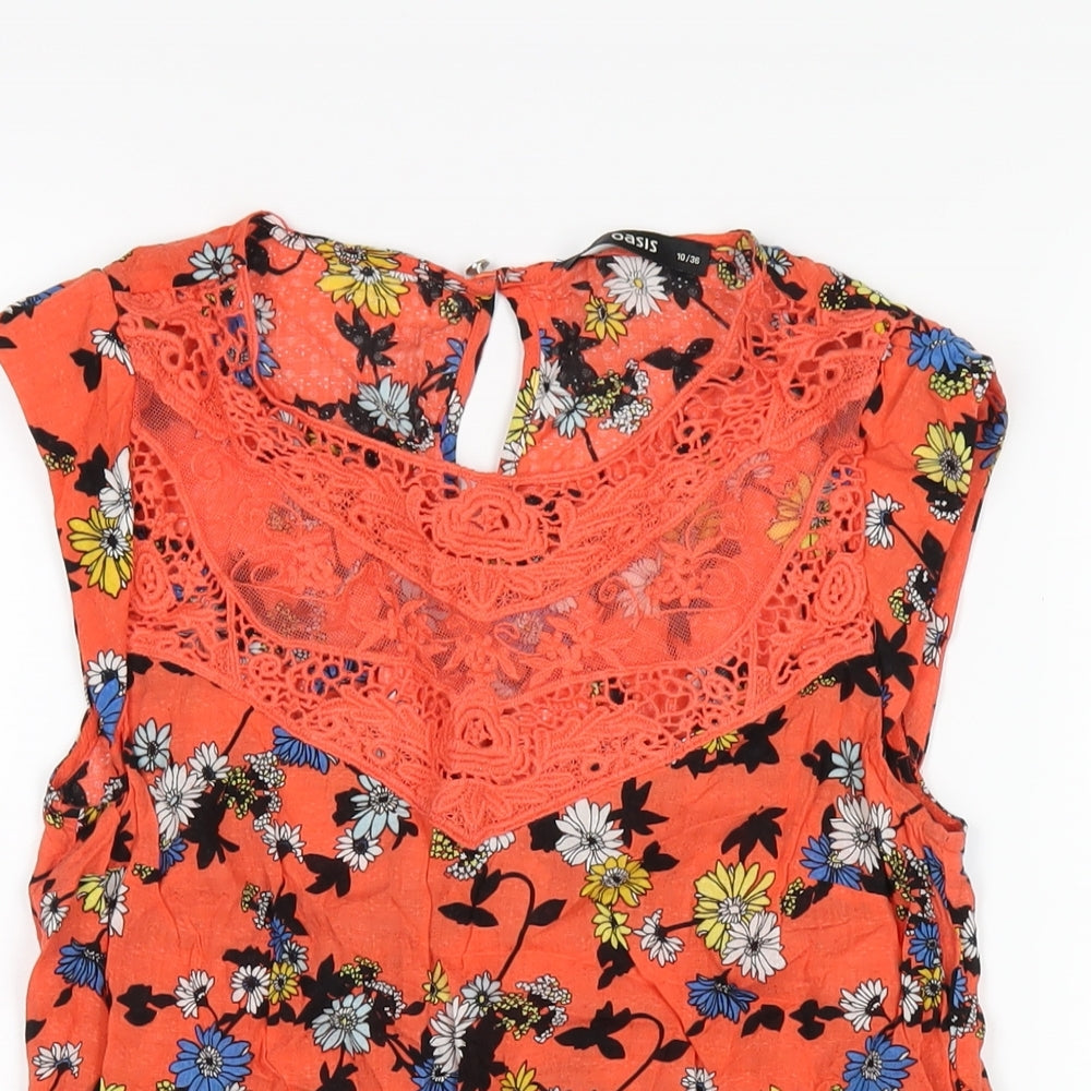 Oasis Womens Orange Geometric Viscose Basic T-Shirt Size 10 Round Neck