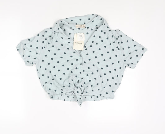 Pull&Bear Womens Blue Polka Dot Viscose Cropped Blouse Size S Collared - Tie Detail