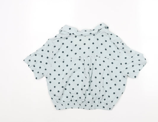 Pull&Bear Womens Blue Polka Dot Viscose Cropped Blouse Size S Collared - Tie Detail