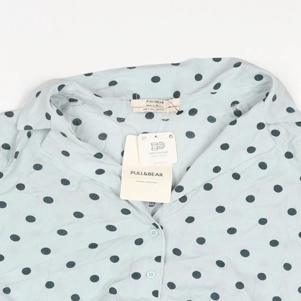 Pull&Bear Womens Blue Polka Dot Viscose Cropped Blouse Size S Collared - Tie Detail