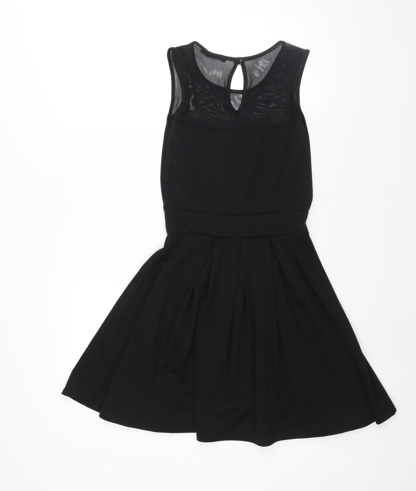 Boohoo Womens Black Polyester Fit & Flare Size 12 Round Neck Button - Mesh Bodice Detail