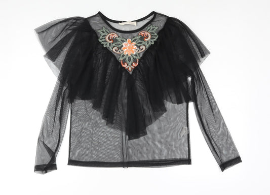 Twinkle Womens Black Polyester Basic Blouse Size S Round Neck - Semi Sheer Frill Floral Embroidery