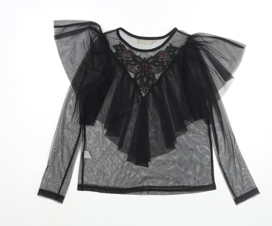 Twinkle Womens Black Polyester Basic Blouse Size S Round Neck - Semi Sheer Frill Floral Embroidery