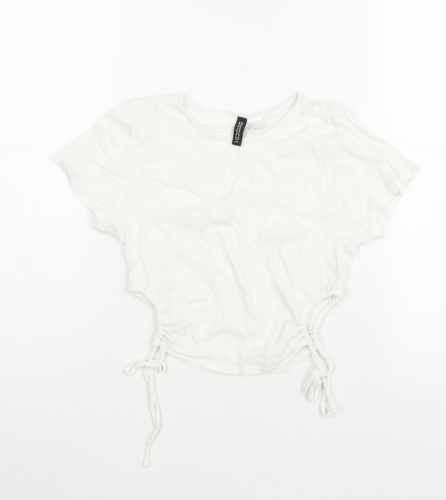 Divided by H&M Womens White Cotton Cropped T-Shirt Size S Round Neck - Drawstring Cut Out