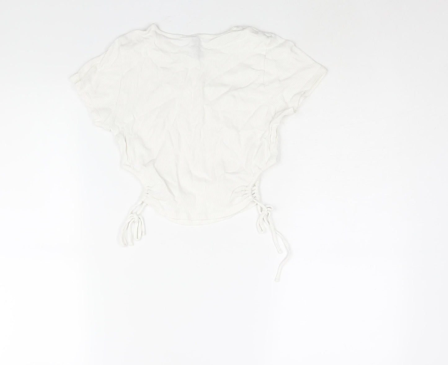 Divided by H&M Womens White Cotton Cropped T-Shirt Size S Round Neck - Drawstring Cut Out