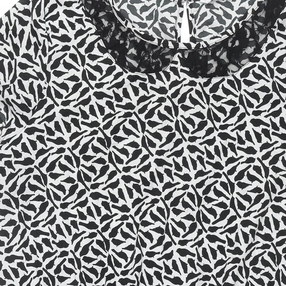 New Look Womens Black Geometric Polyester Shift Size 16 Round Neck Button - Bird Print Lace Collar Detail
