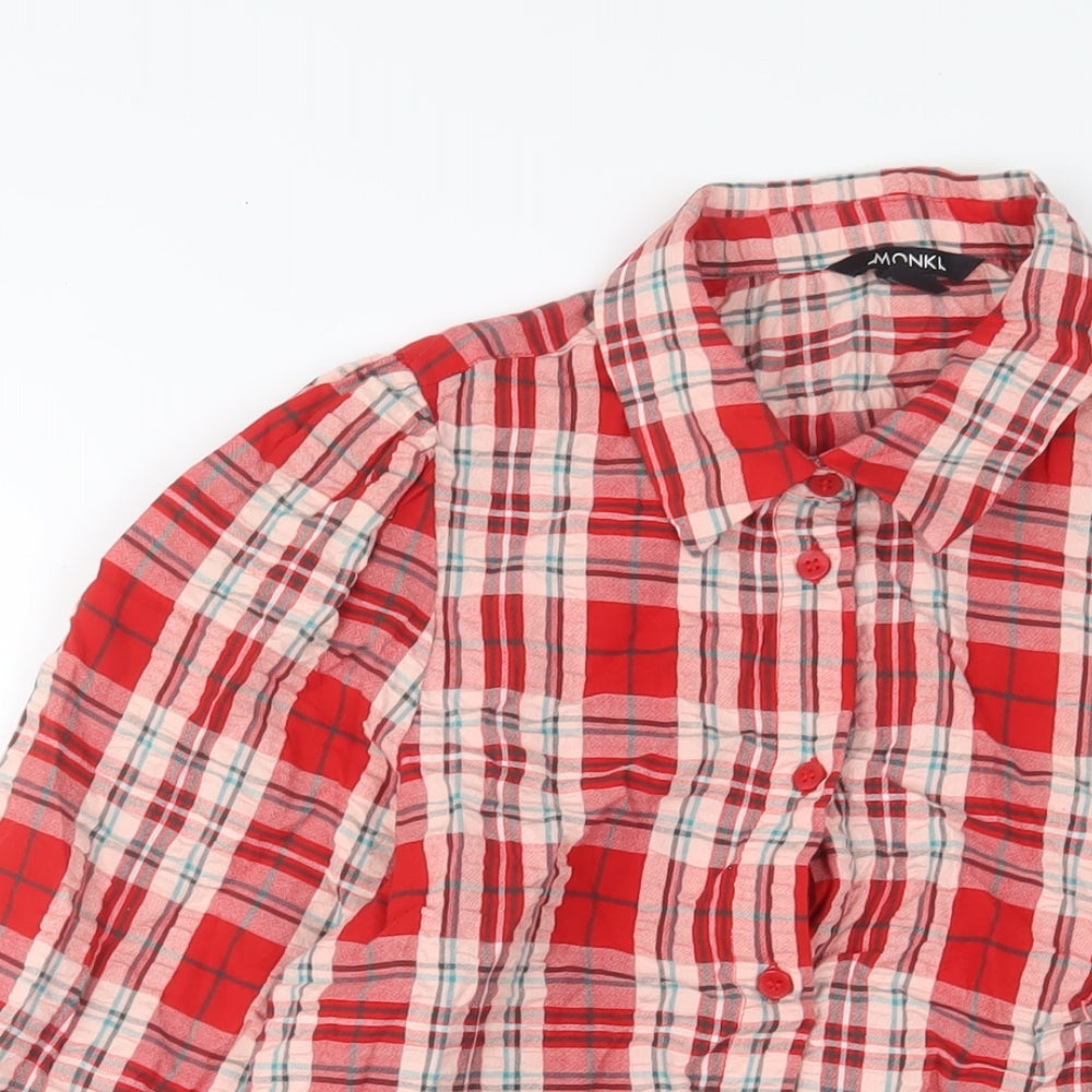Monki Womens Red Plaid Cotton Basic Button-Up Size S Collared