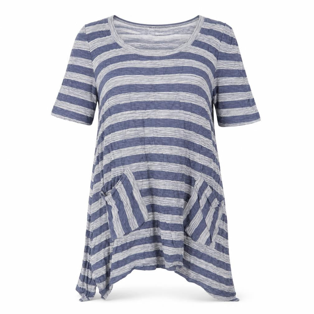 Capri Womens Blue Striped Cotton A-Line Size S Scoop Neck Pullover - Pockets