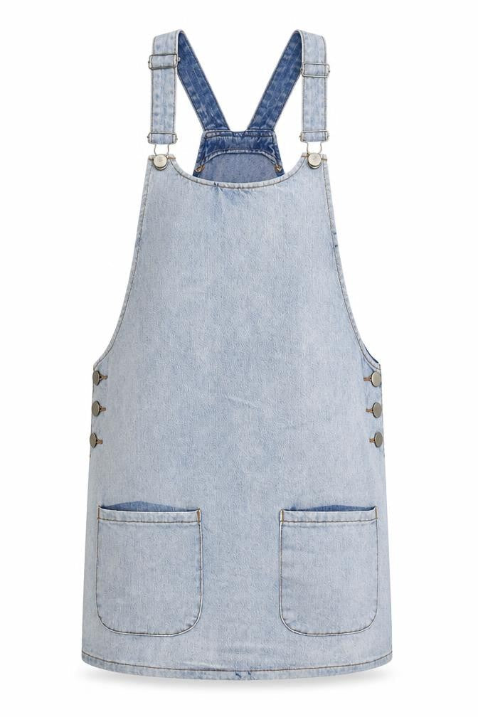 Front view of Cooperative women’s blue cotton pinafore/dungaree dress, size S, round neck snap