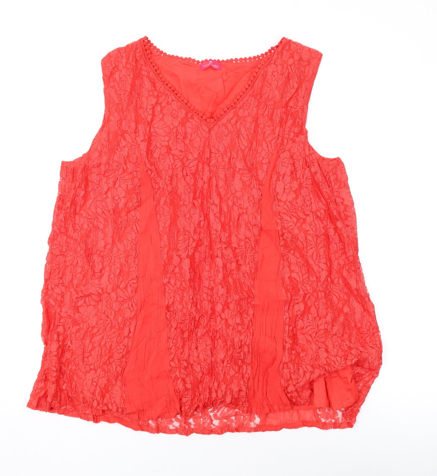 Together Womens Red Geometric Viscose Basic Tank Size XL V-Neck