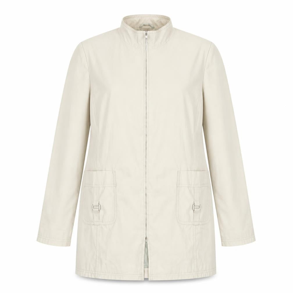 Front view of NuAge women’s beige jacket coat, size UK 10, zip