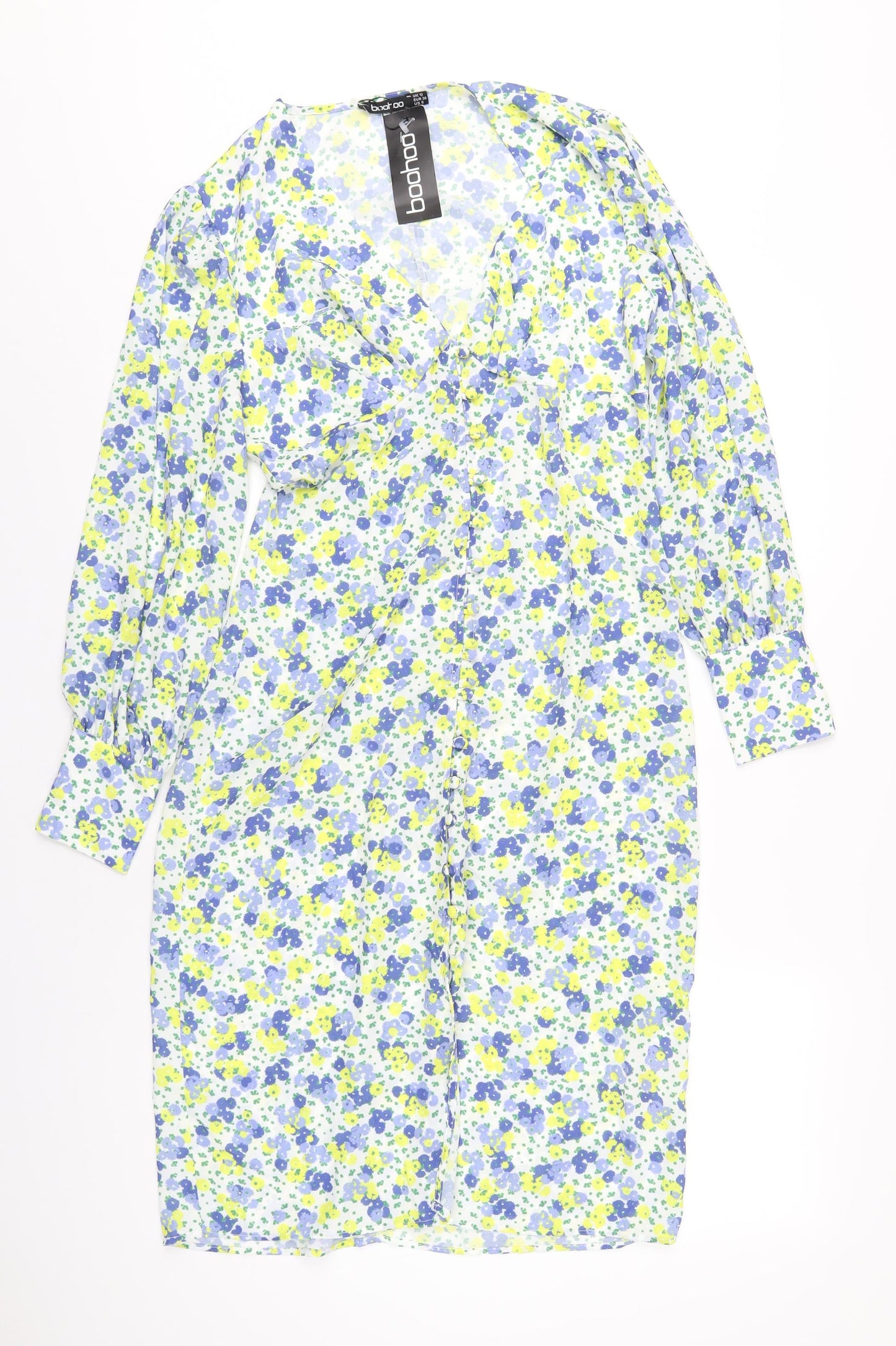 Boohoo Womens Multicoloured Floral Polyester A-Line Size 10 V-Neck Button