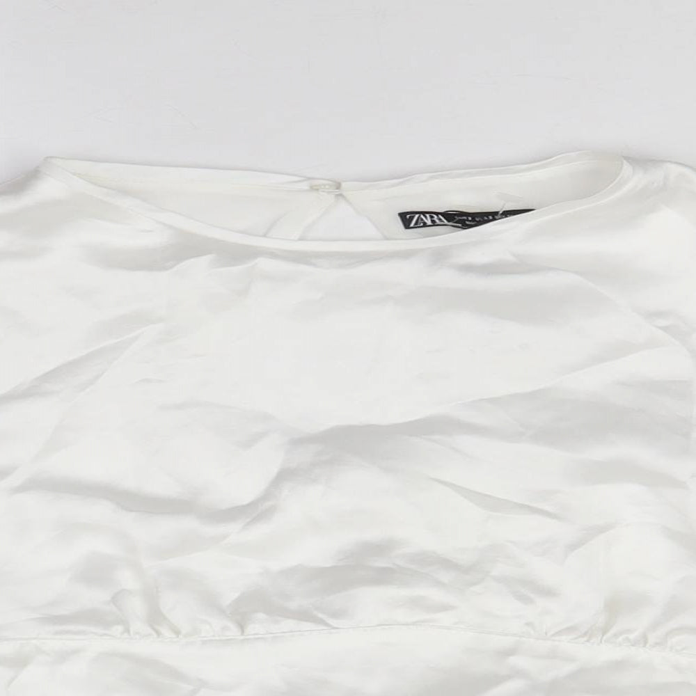 Zara Womens White Polyester Cropped Blouse Size S Round Neck