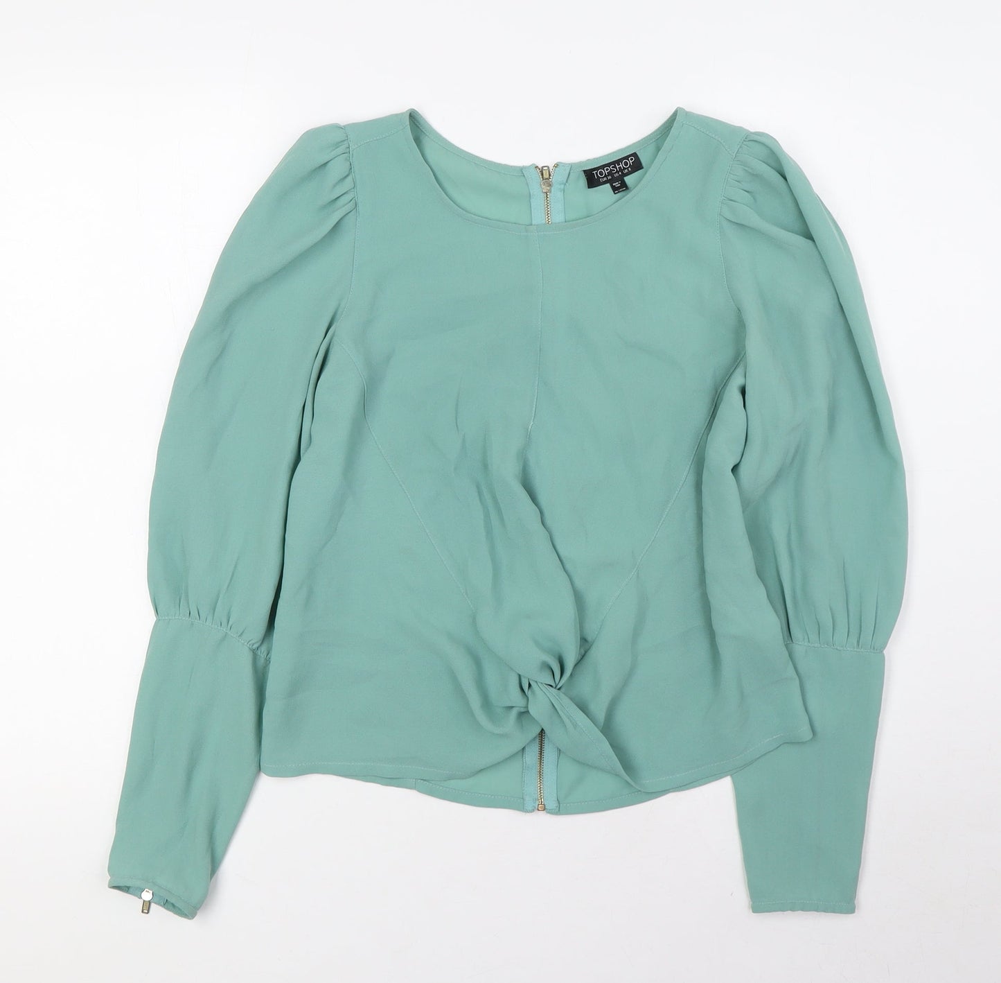 Topshop Womens Green Polyester Basic Blouse Size 8 Round Neck - Zip Sleeves