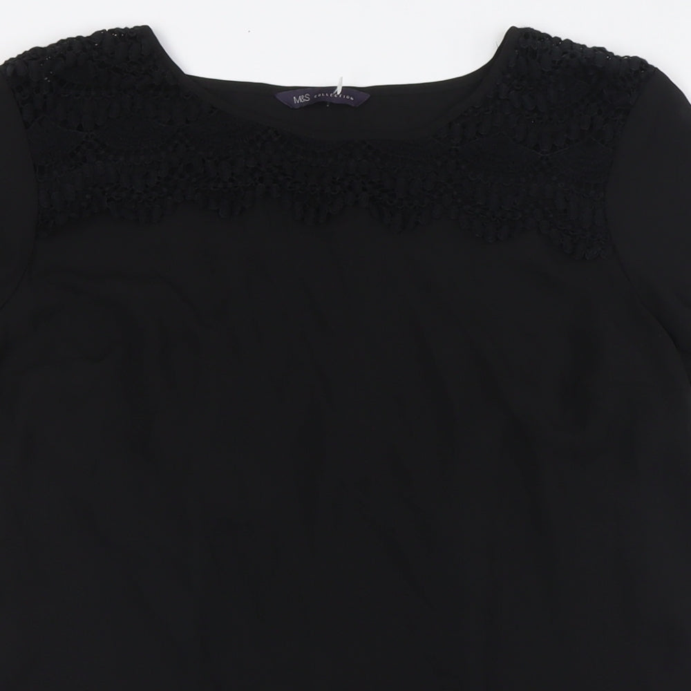 Marks and Spencer Womens Black Polyester Basic Blouse Size 8 Round Neck - Crochet Neck Line