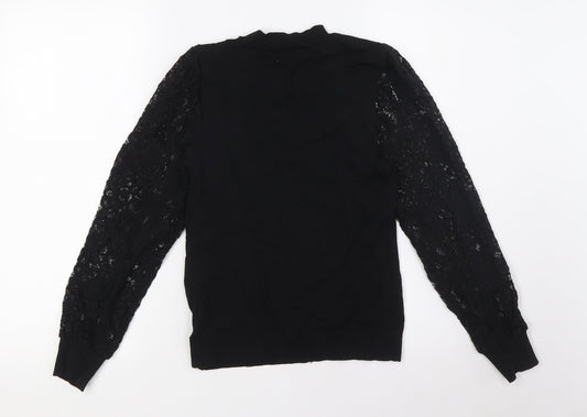 Lipsy Girls Black Viscose Basic Blouse Size 13-14 Years Crew Neck - Lace Sleeves