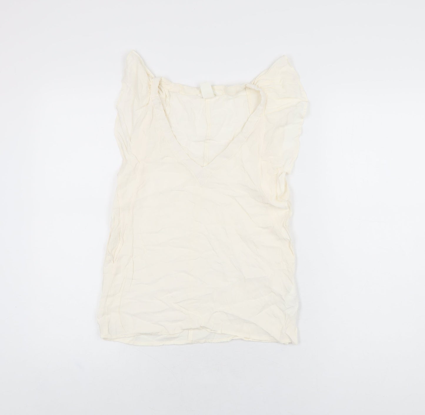 H&M Womens Ivory Viscose Basic T-Shirt Size 4 V-Neck