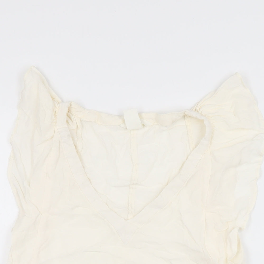 H&M Womens Ivory Viscose Basic T-Shirt Size 4 V-Neck