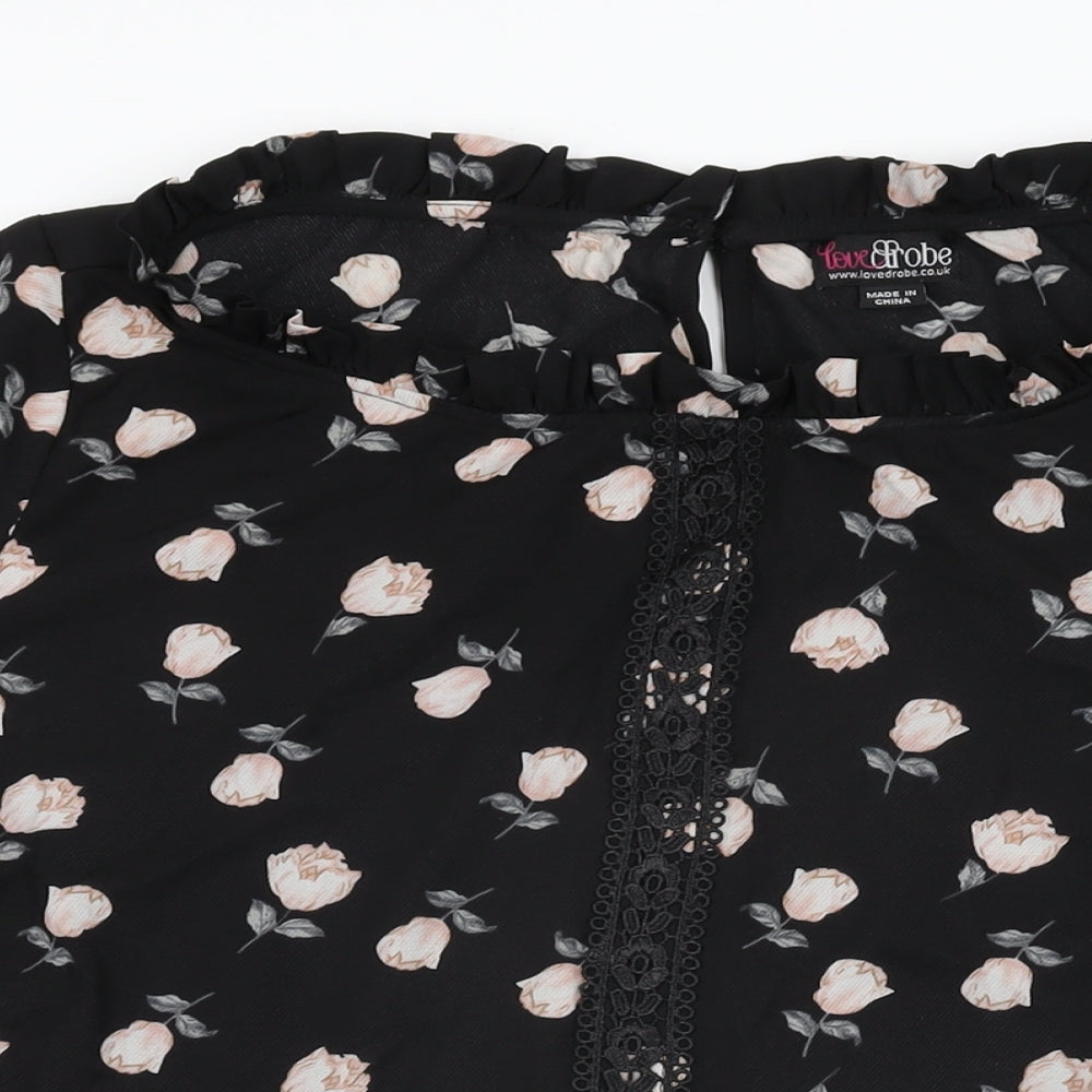 Lovedrobe Womens Black Floral Polyester Basic T-Shirt Size 26 Boat Neck