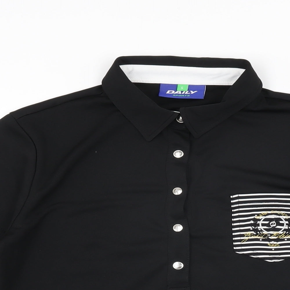 Daily Sports Womens Black Striped Polyester Basic T-Shirt Size S Collared