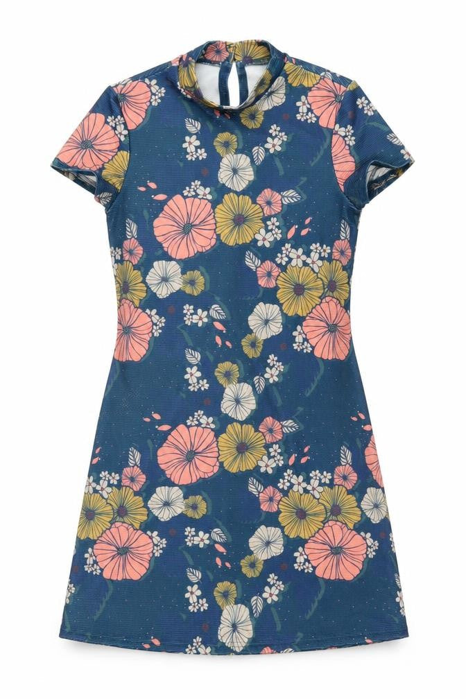 Front view of ASOS women’s blue floral polyester mini, size UK 6, high neck button