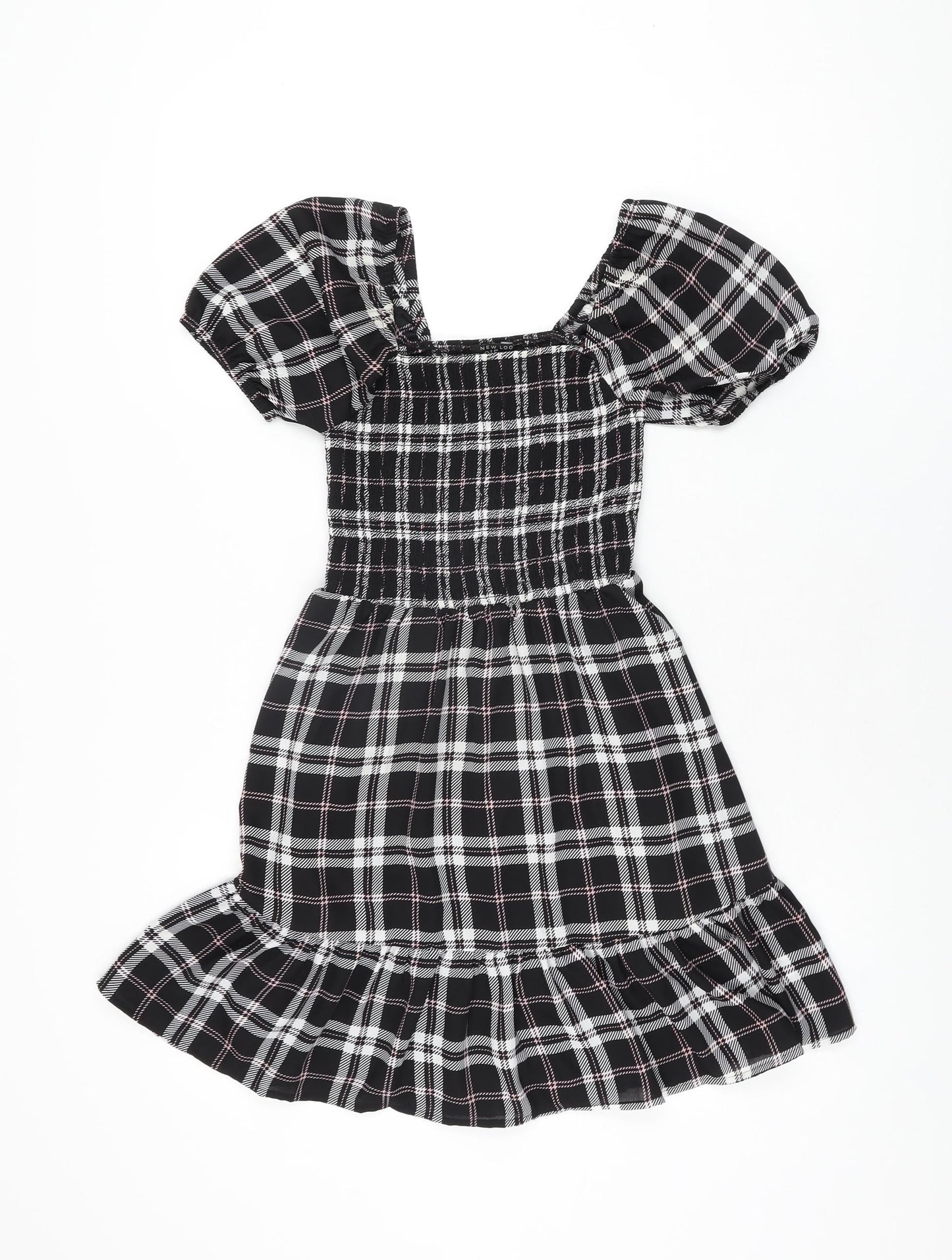 New Look Girls Black Plaid Polyester Skater Dress Size 9 Years Square Neck Pullover