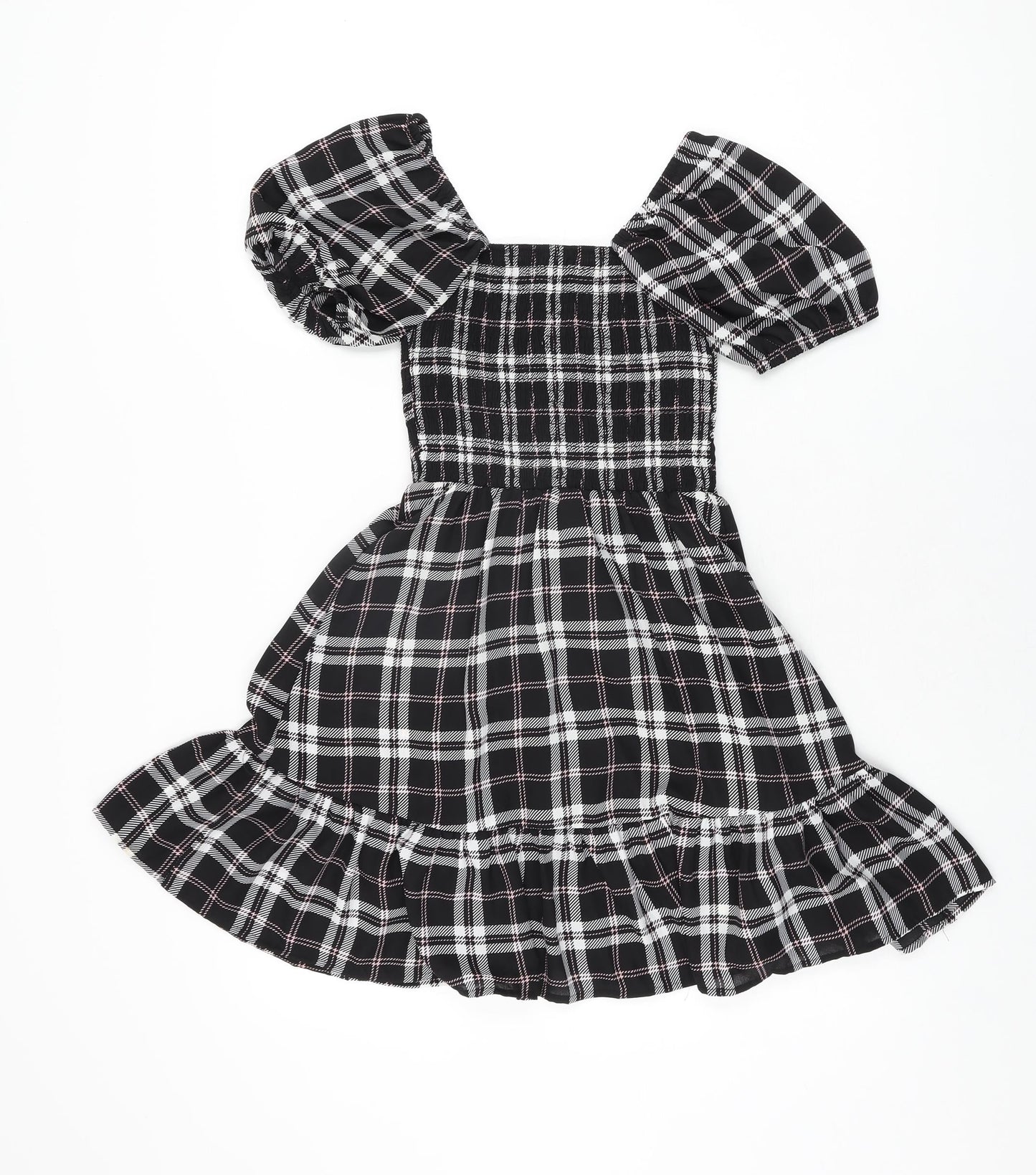 New Look Girls Black Plaid Polyester Skater Dress Size 9 Years Square Neck Pullover