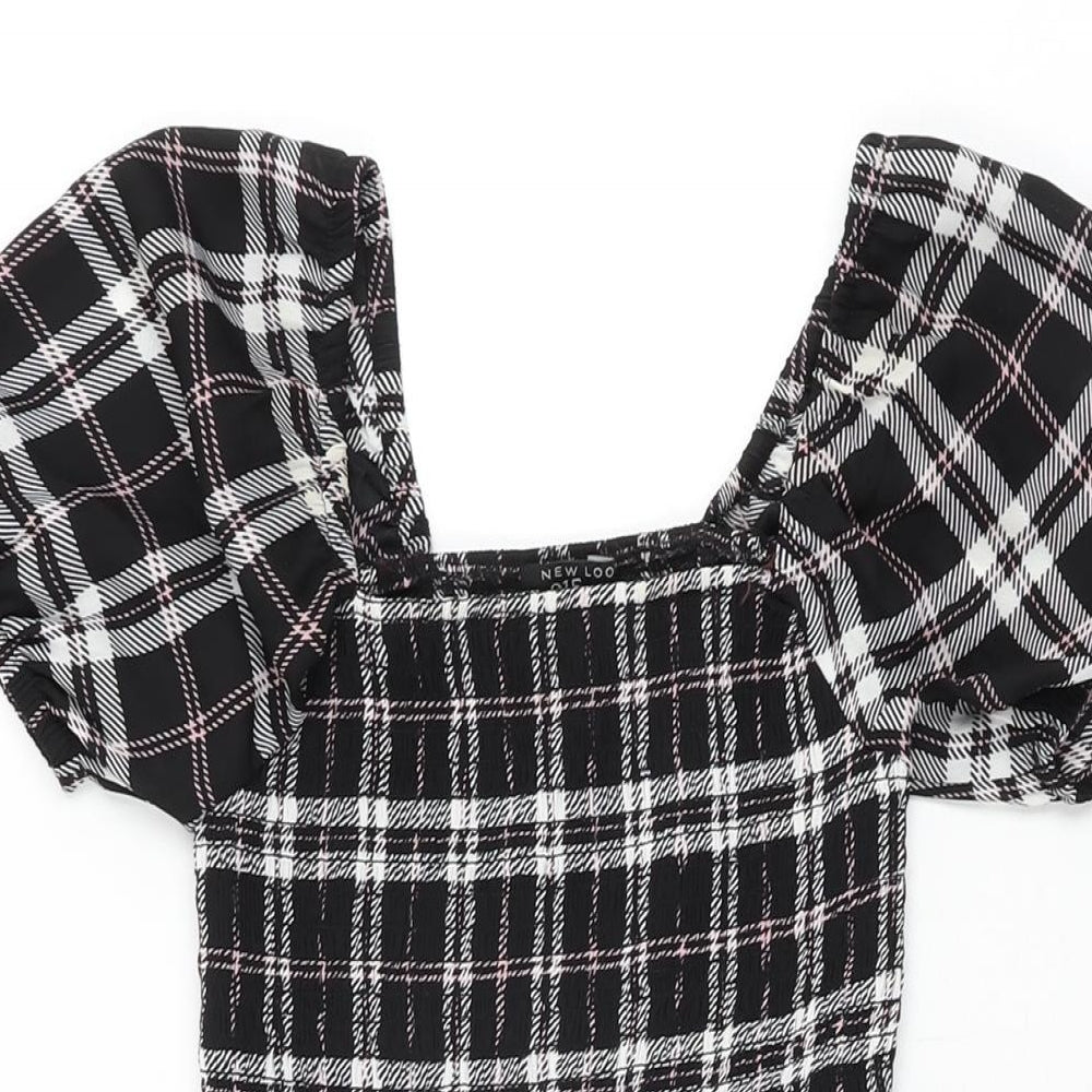 New Look Girls Black Plaid Polyester Skater Dress Size 9 Years Square Neck Pullover