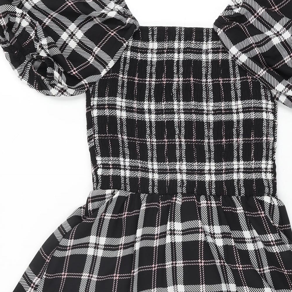 New Look Girls Black Plaid Polyester Skater Dress Size 9 Years Square Neck Pullover