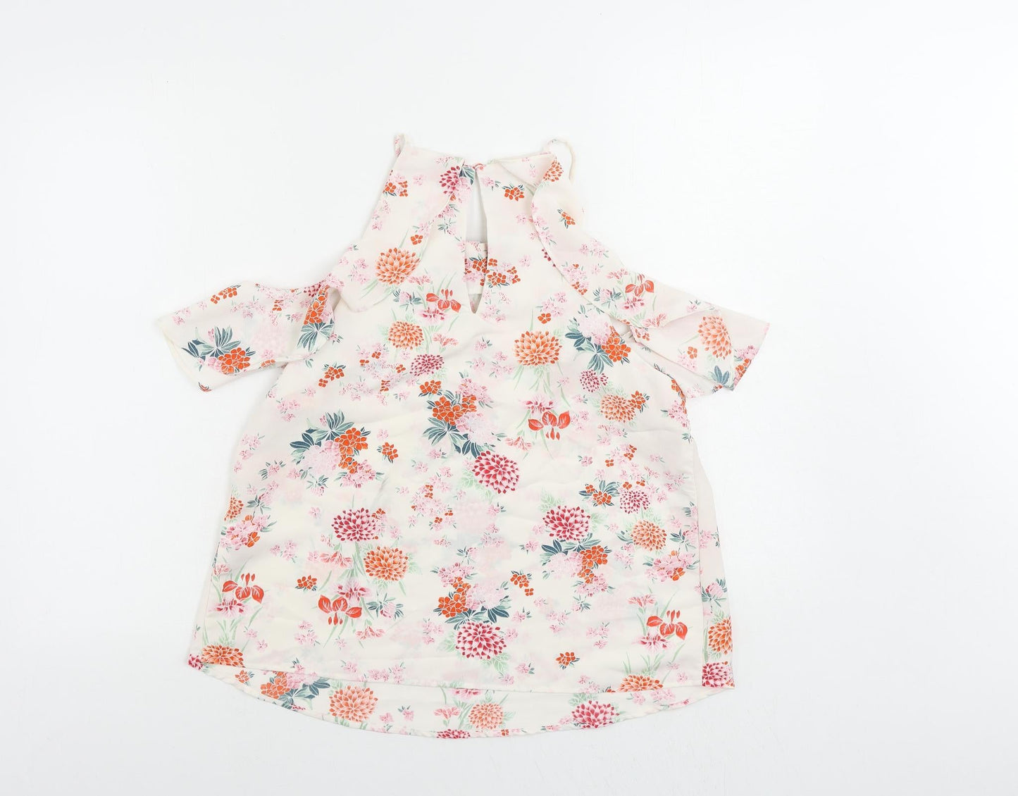 New Look Womens White Floral Polyester Basic Blouse Size 10 Square Neck - Ruffle