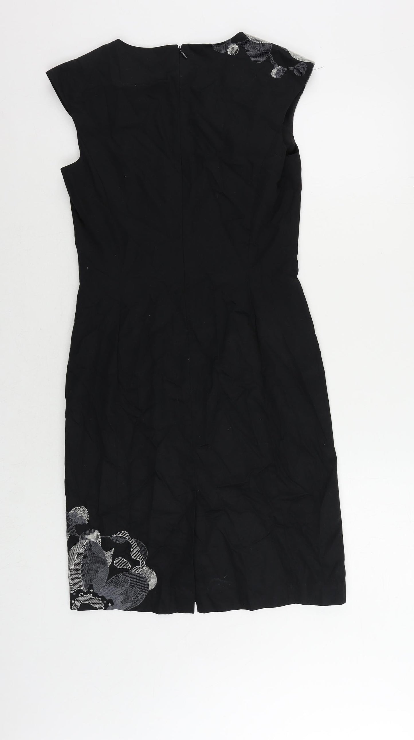 Kaliko Womens Black Cotton Pencil Dress Size 8 V-Neck Zip - Embroidered