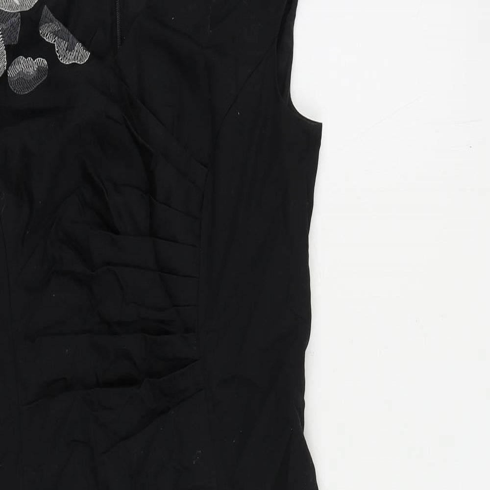 Kaliko Womens Black Cotton Pencil Dress Size 8 V-Neck Zip - Embroidered
