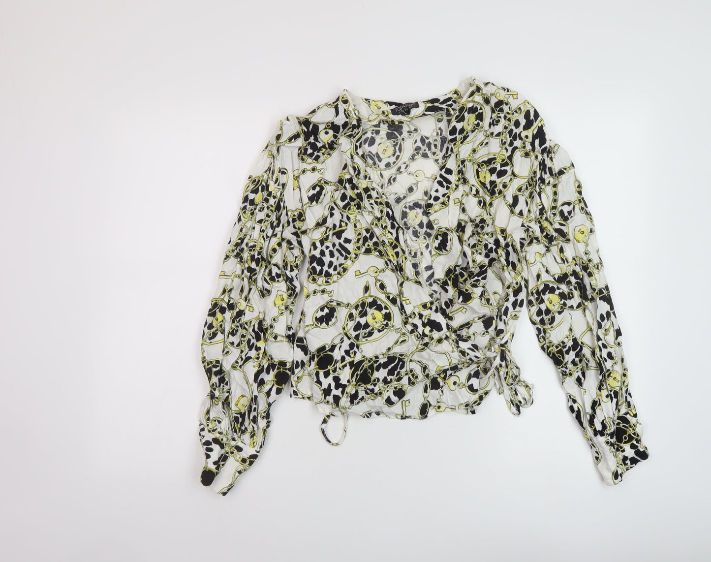 Topshop Womens White Geometric Viscose Basic Blouse Size 6 V-Neck