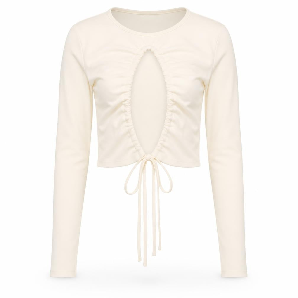 Front view of AsYou women’s ivory polyester cropped blouse, size UK 8, round neck