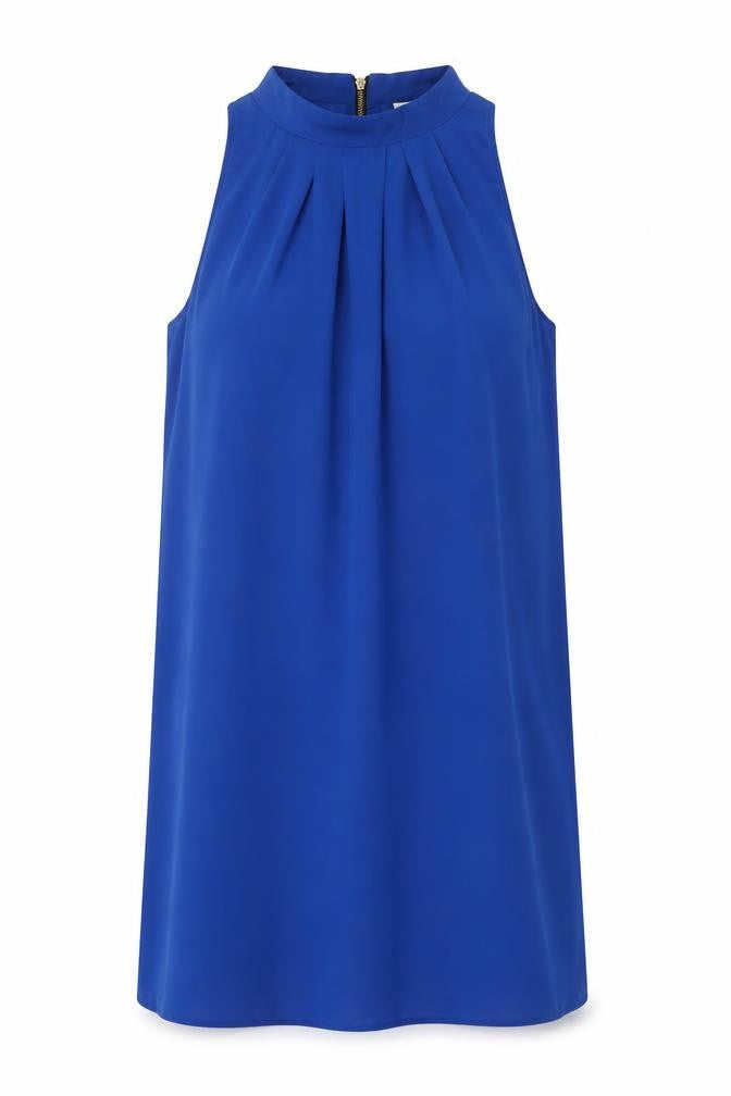Front view of Sfera women’s blue polyester a-line, size L, mock neck zip