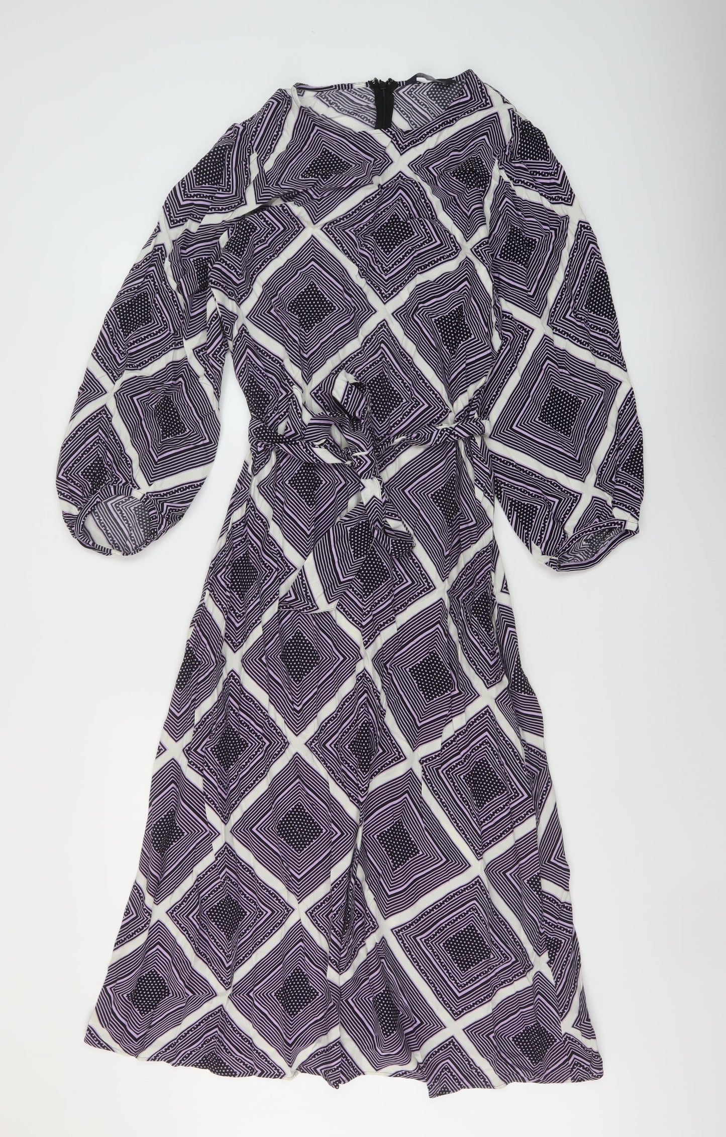 Marks and Spencer Womens Purple Geometric Viscose A-Line Size 10 Round Neck Zip