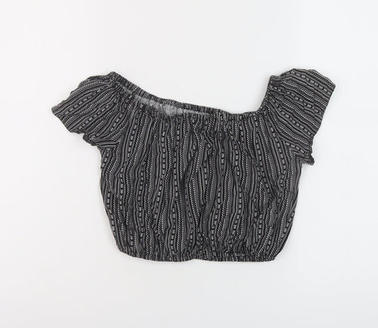 New Look Girls Black Geometric Viscose Cropped Blouse Size 13 Years Square Neck Pullover