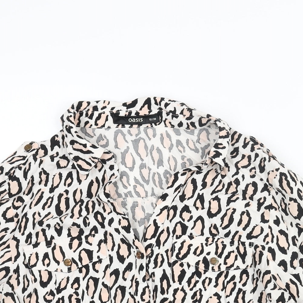 Oasis Womens White Animal Print Viscose Basic Button-Up Size 12 Collared - Leopard Print