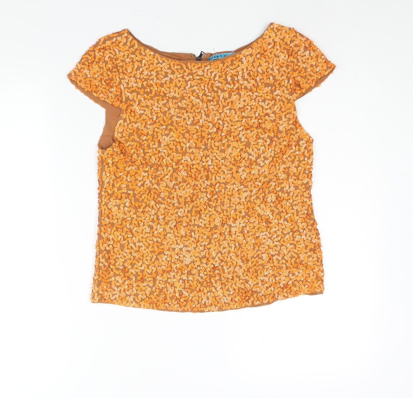 Alice + Olivia Womens Orange Polyester Basic Blouse Size XS Boat Neck - Sequin