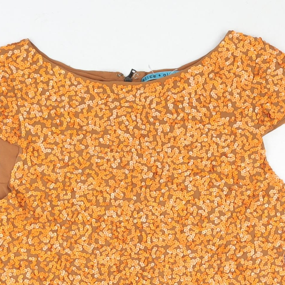 Alice + Olivia Womens Orange Polyester Basic Blouse Size XS Boat Neck - Sequin