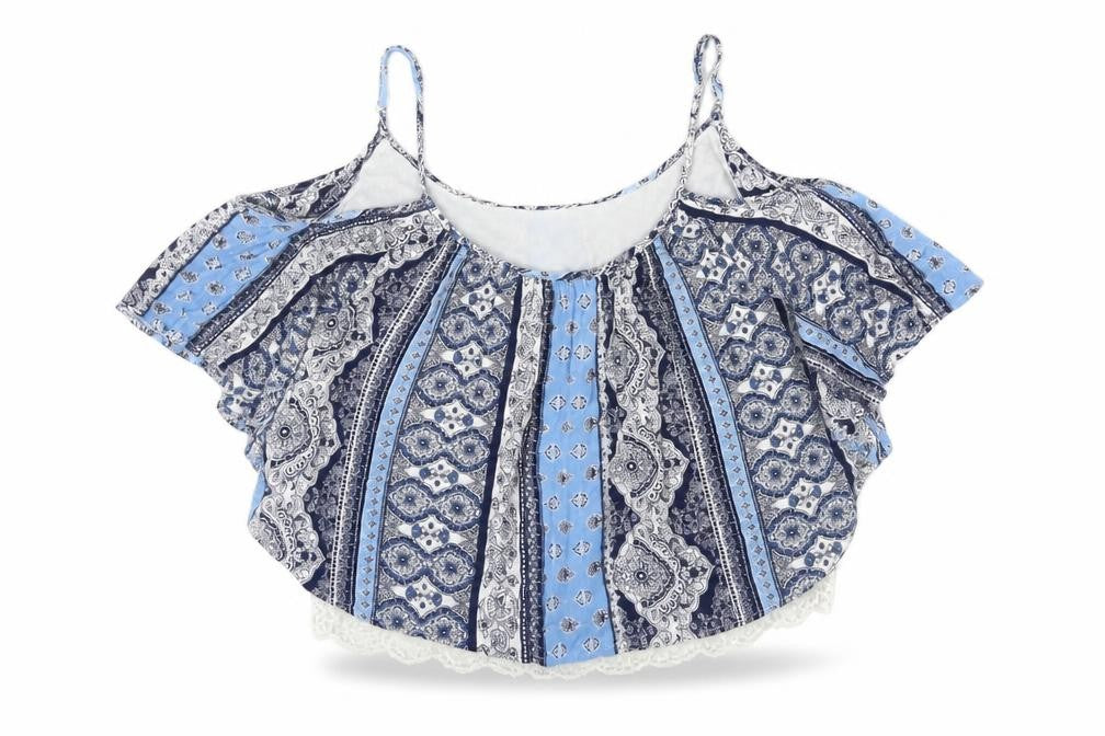 Selected Womens Blue Geometric Viscose Cropped Blouse Size 10 Scoop Neck - Lace Hem Cold Shoulder