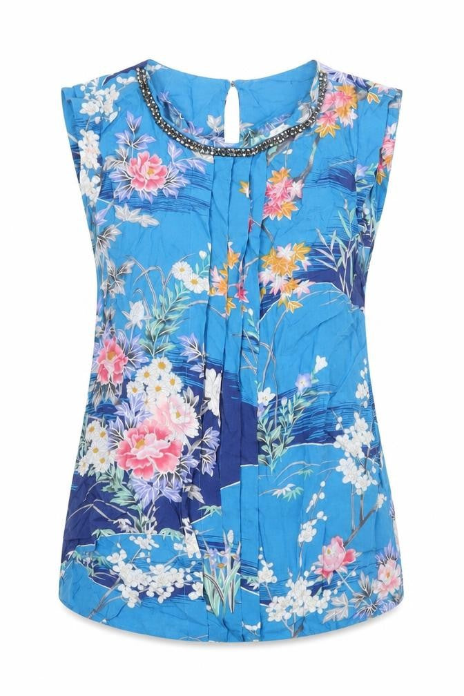 Oasis Womens Blue Floral Viscose Basic Blouse Size 8 Round Neck - Rhinestone Detail
